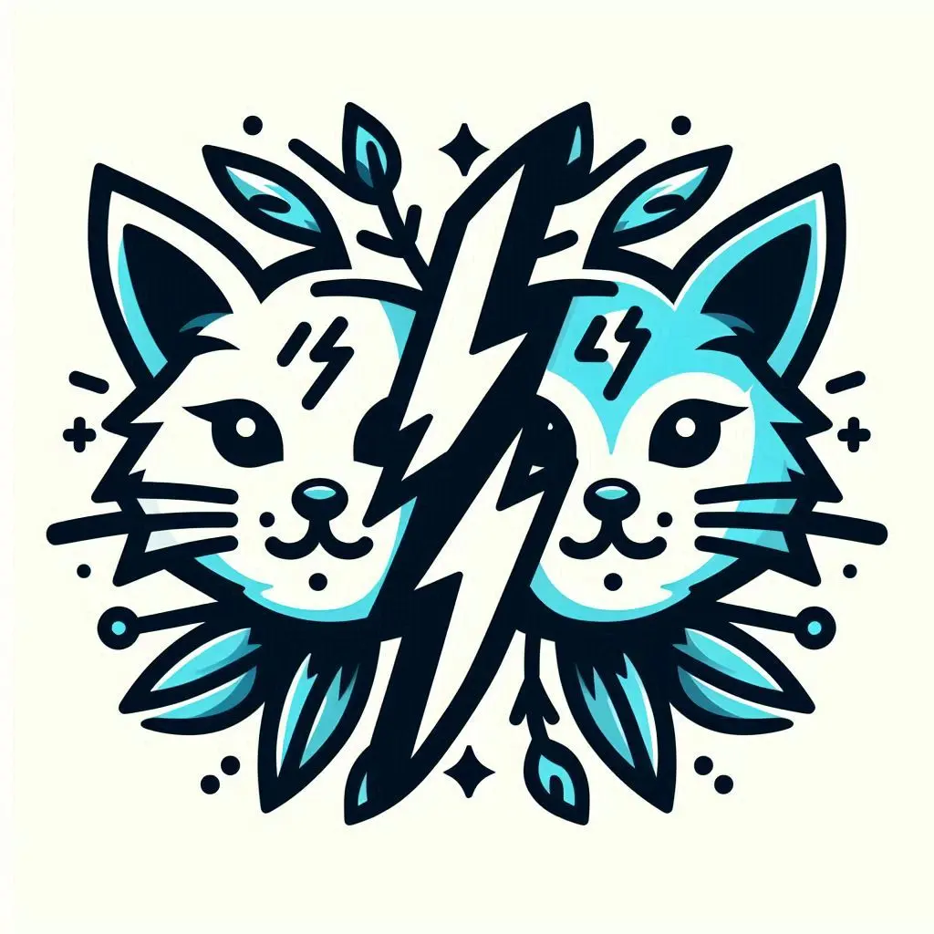 Dynocats - two cute cat faces with a lightning bolt in the middle